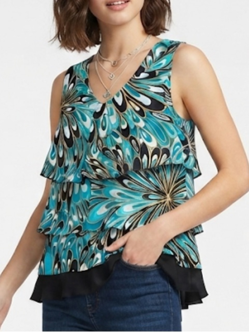 New York & Company Women’s Turquoise Multi-Print Ruffle Tank Top Size Medium